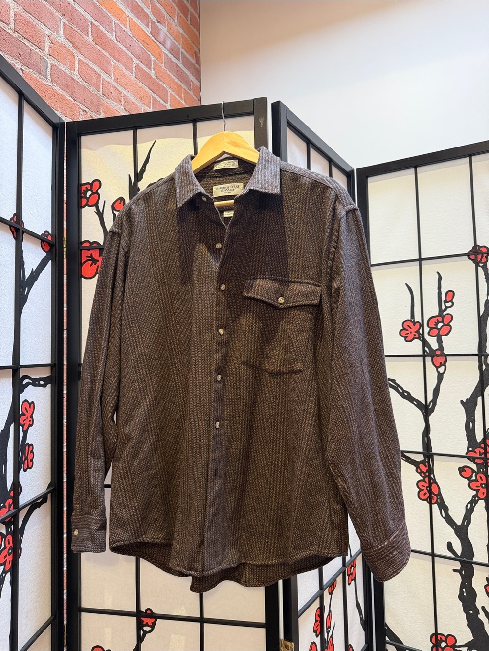 Men's Textured Brown Button-Down Shirt with Chest Pocket
